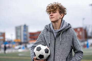 Teen boy in grey sportswear holding a soccer ball on outdoor football field, urban background with buildings, symbolizing youth, sports, training, and active lifestyle