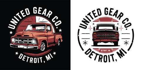 Vintage Detroit pickup truck retro badge emblem for United Gear Co automotive apparel and t shirt design © Vectyx