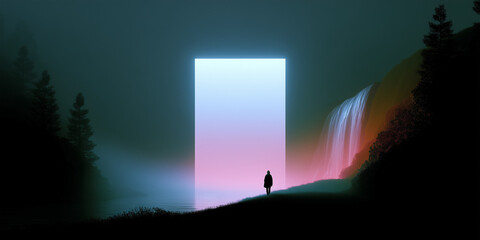 Silhouette of a person before a giant glowing portal with a pink and blue gradient, set in a misty forest with a waterfall, expressing a surreal journey into another dimension