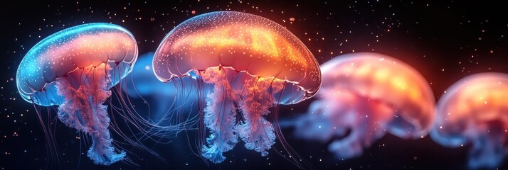 Fototapeta premium Glowing neon Jellyfish Underwater. Jellyfish Texture. Close-Up of Jellyfish. Bioluminescent Jellyfish. Jellyfish Tentacles. Pattern of Jellyfish. Detailed Jellyfish Texture. Natural Ocean Creatures. 