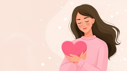 Young woman with long brown hair in pink sweater holding a pink heart on soft pastel background with white hearts, symbolizing love, self-care and tenderness