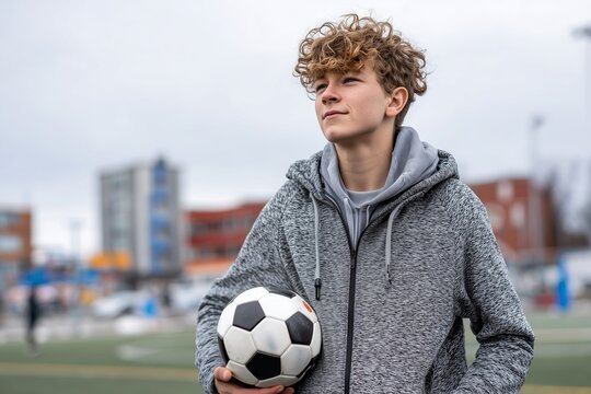 Teen boy in grey sportswear holding a soccer ball on outdoor football field, urban background with buildings, symbolizing youth, sports, training, and active lifestyle