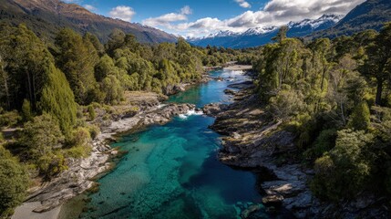 Turquoise River Winding Through Lush Green Valley With Mountain Backdrop