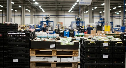 Warehouse interior with stacked crates of fresh produce and workers in background.