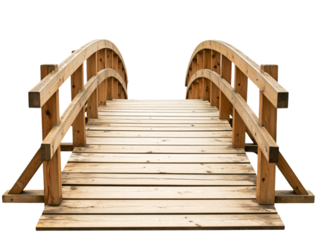 Rustic wooden bridge with curved arch design PNG