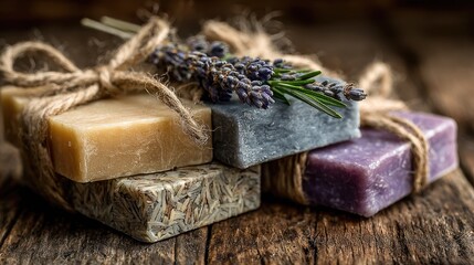 Rustic handcrafted soaps tied with twine and adorned with lavender