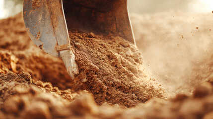 Excavator bucket digging soil in a construction site during daylight hours