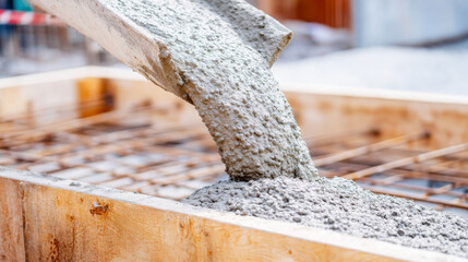 Fresh concrete pouring into a wooden form during construction in a vibrant worksite environment
