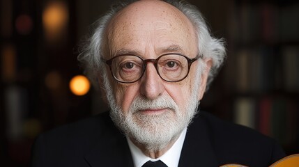 A distinguished elderly man with glasses and a thoughtful expression is captured in a portrait, This image is ideal for articles on wisdom, aging, or academic topics