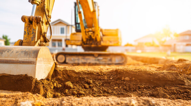 Excavator prepares ground for construction of a one-family home in a suburban area during sunset