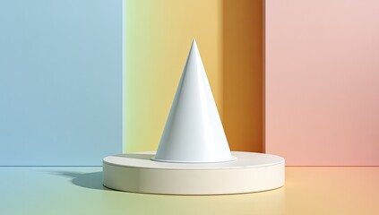 White cone on pastel podium, colorful background, 3D rendering