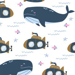 submarine and whale fish seamless pattern vector design for kids apparel fullprint fabric