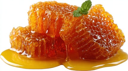 Golden honeycomb drizzled with rich honey and garnished with a mint leaf, perfect for food blogs, recipes, or product advertising related to natural sweeteners and culinary delights,