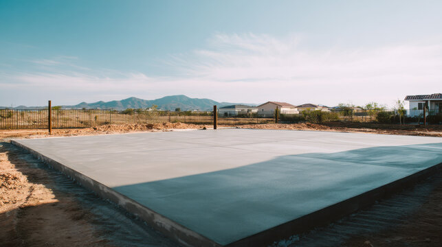Freshly poured concrete foundation slab in a rural setting under a clear blue sky