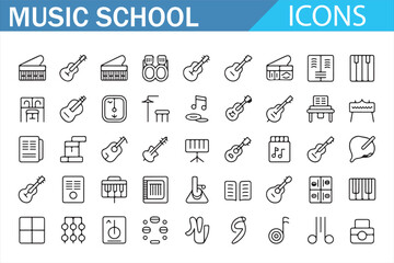 Vector music icons for music education, featuring guitars, pianos, and other instruments.