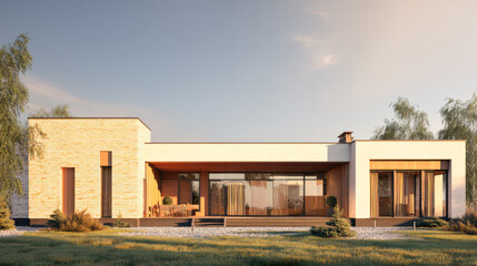 Fototapeta premium Modern loft-style house exterior featuring natural materials and contemporary design