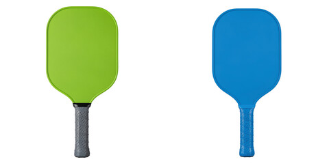 Green and blue pickleball paddle set with textured grip isolated on transparency background for sports and outdoor game equipment