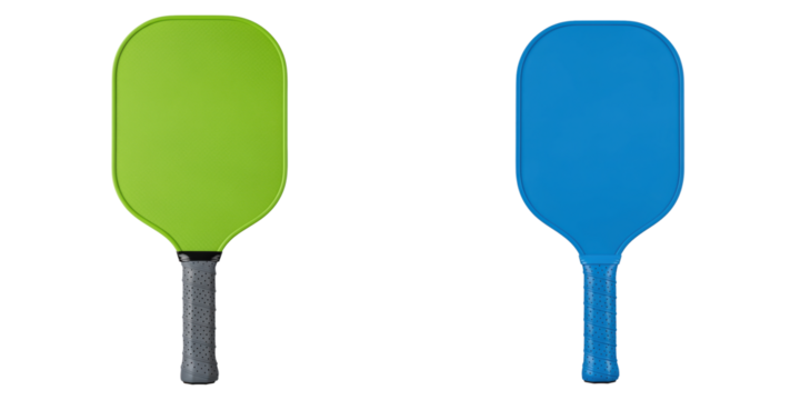 Green and blue pickleball paddle set with textured grip isolated on transparency background for sports and outdoor game equipment
