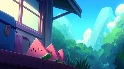 A rustic outdoor scene featuring colorful watermelon slices placed on a wooden table, with a blue cooler and a vibrant natural backdrop, making it ideal for summer promotions, food blogs