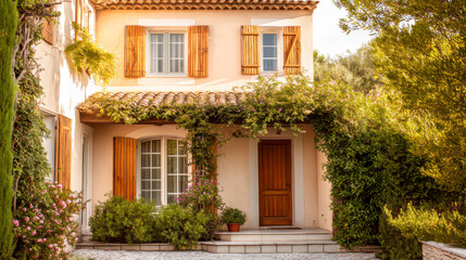 Cozy Mediterranean exterior view with vibrant greenery and charming shutters