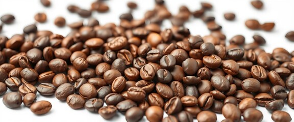 Obraz premium Close-up of roasted coffee beans, isolated on white background, cafe, photography