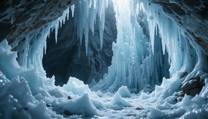 Frozen ice cave interior with hanging icicles stalactites winter landscape glacial formation natural crystal cavern cold blue photography background