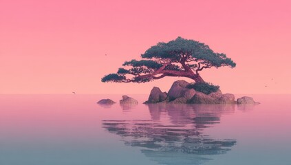 Solitary pine tree on a rock islet at dawn, serene water reflection