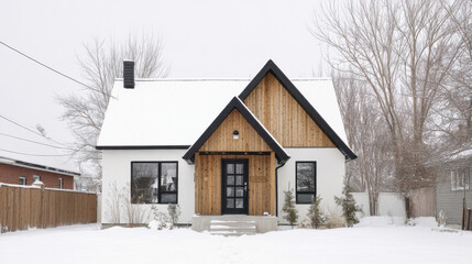 Well-designed A-frame house with wooden features in a snowy landscape during winter
