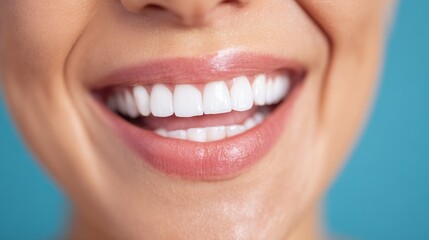 Obraz premium Beautiful woman with a big smile showing her white teeth in a close-up on a blue background, emphasizing a healthy mouth and perfect dental health.