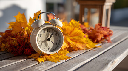 Daylight Saving Time. Alarm clock and orange color leaves on wooden table. Autumn time. Fall time change. Autumn leaves fall and winter approaches, the concept of daylight saving time.
