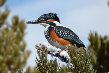 Bird resting on a frosty tree branch with a cold winter background