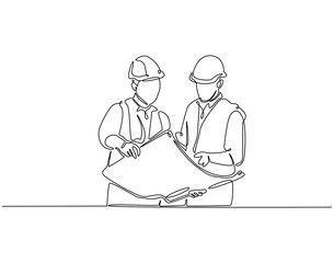 Continuous line drawing of construction worker holding blue print paper. Single line illustration of architect hold paper. Building architect concept. Editable outline