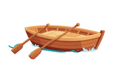 Wooden Row Boat with Oars Floating on Blue Water Isolated on White