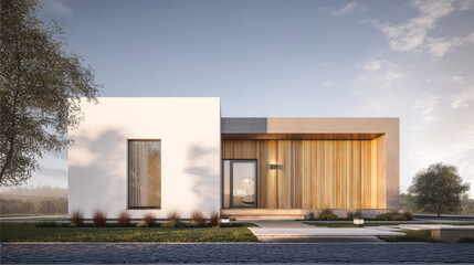 Minimalistic Scandinavian style house facade showcasing natural materials and design harmony