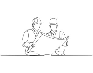 Obraz premium Continuous line drawing of construction worker holding blue print paper. Single line illustration of architect hold paper. Building architect concept. Editable outline