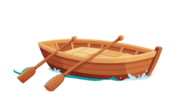 Wooden Row Boat with Oars Floating on Blue Water Isolated on White