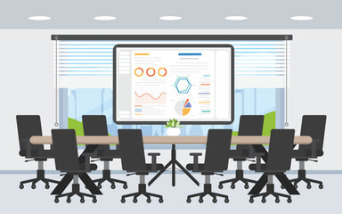 Meeting room on high floor with city skyscraper view, Large conference room with data monitor display in room center.