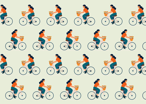 Stylized illustration of person riding bicycle with flower basket repeat pattern