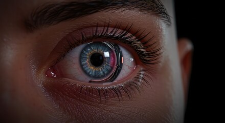 Fototapeta premium Stunning close-up of a human eye featuring a futuristic cybernetic implant, showcasing advanced technology and human augmentation for a cutting-edge vision.