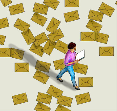 Office worker with laptop surrounded by numerous envelopes illustration