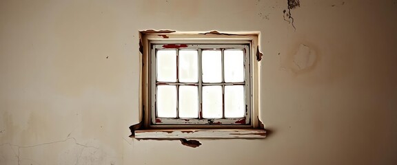 Rustic, aged single-pane window set in a weathered wall, exterior, texture
