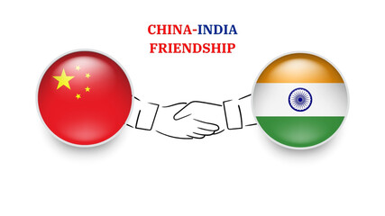 CHINA and INDIA flags in circle with shake hand.CHINA and INDIA friendship.CHINA and INDIA flags, isolated on white background. Vector icon set. Vector illustration.