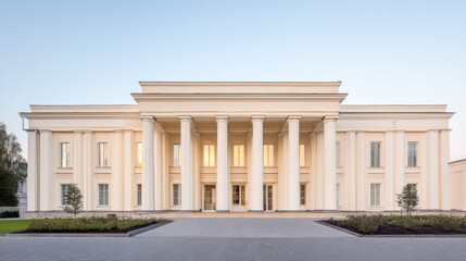 Modern neoclassical architecture showcases elegance with grand columns and bright facade