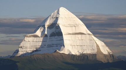 A stunning mountain peak with a snow-capped summit and dramatic lighting, ideal for nature enthusiasts, travel brochures, or adventure-themed content, The image captures the majesty of the outdoors,
