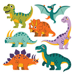 Collection of cute cartoon dinosaurs with smiling faces and vibrant colors t-rex triceratops
