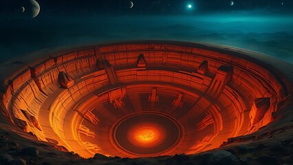 Ancient impact crater with mysterious geological formations glowing with preservation symbols in Ghana