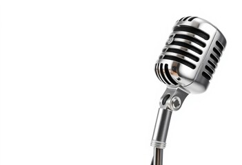 Obraz premium Vintage microphone, chrome finish, isolated on pure white background, karaoke, broadcast