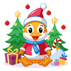 Cute Christmas Santa Duck Cartoon Vector with Gift Bag and Snowflakes”