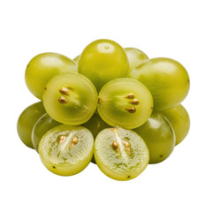 Obraz premium Green-gold wine grapes, some sliced showing dewy translucent flesh and tiny seeds, others plump with iridescent skin, isolated on transparent. Concept for luxury food photography.
