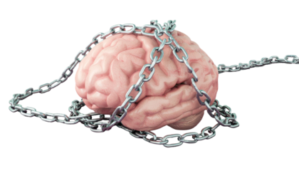 Human brain wrapped tightly in heavy metal chain isolated on white background